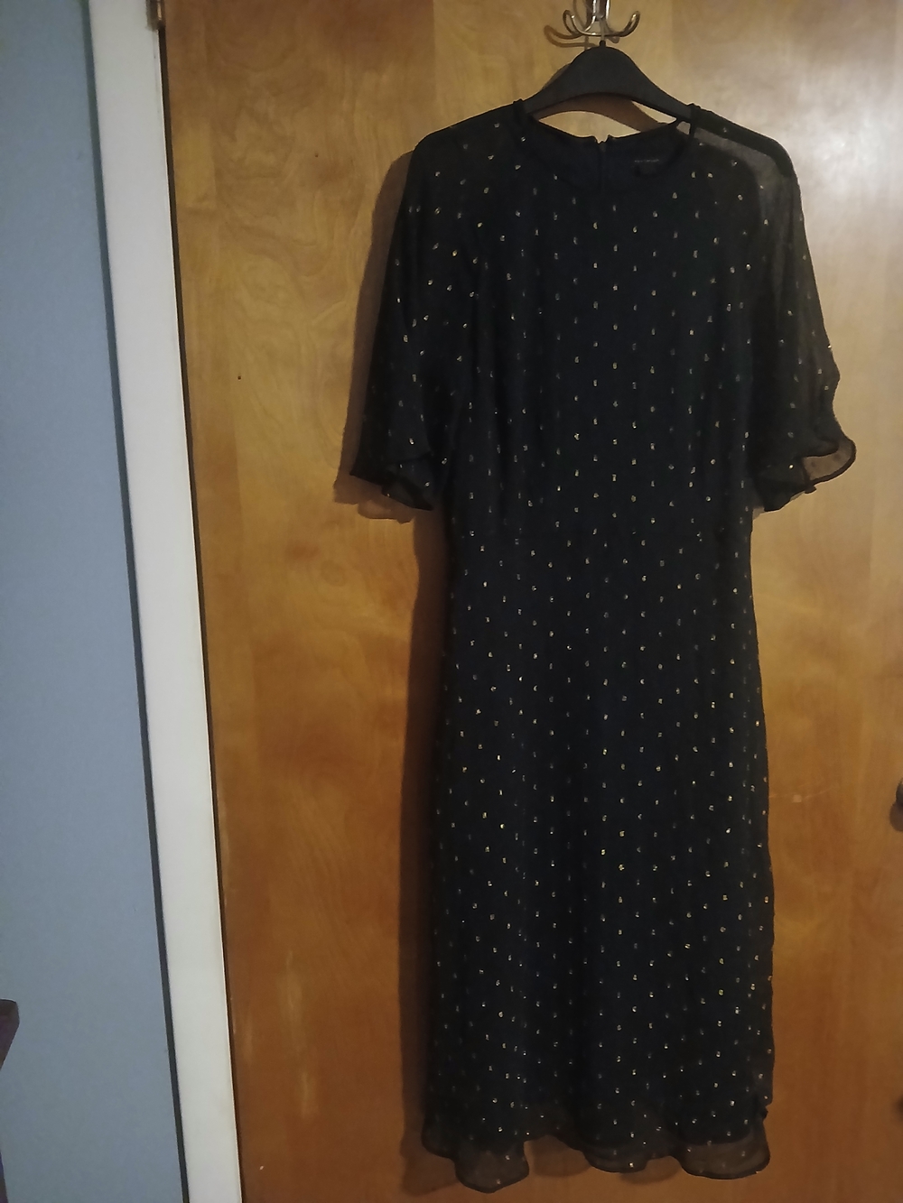 Ann Taylor Black Midi Dress with Gold Dot Pattern. Size 8. Vintage Look.